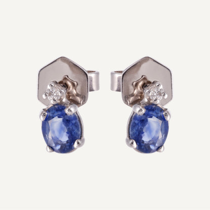 ARETE ZAFIRO OVALADO Y DIAMANTE REDONDO ORO 18K